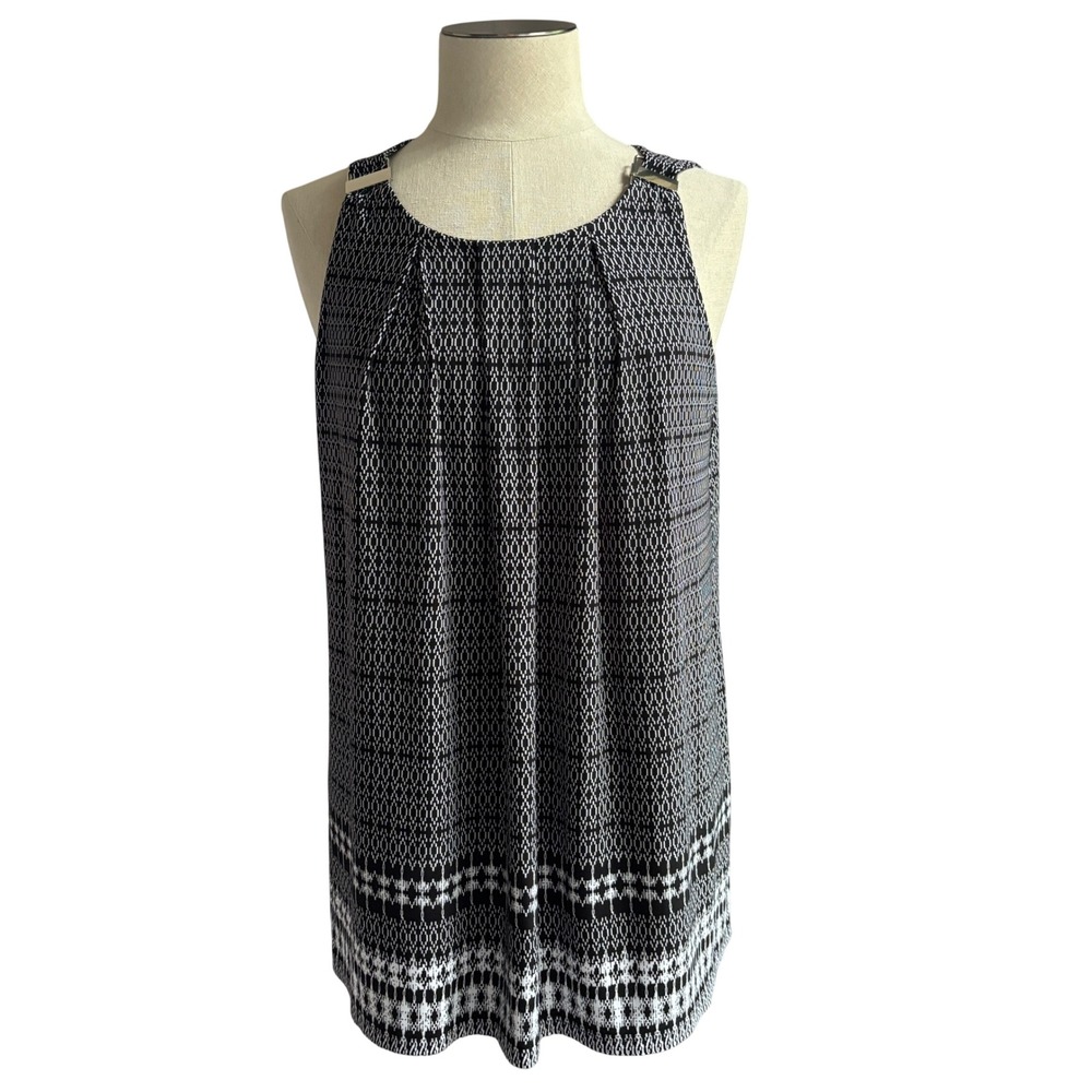 Rafaella Tank Top Womens M Black White Geometric Pleated Gold Hardware